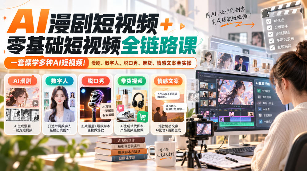 AI漫剧短视频+零基础短视频全链路课，一套课学多种AI短视频！漫剧、数字人、脱口秀、带货、情感文案全实操-HEIXMI（中国站）