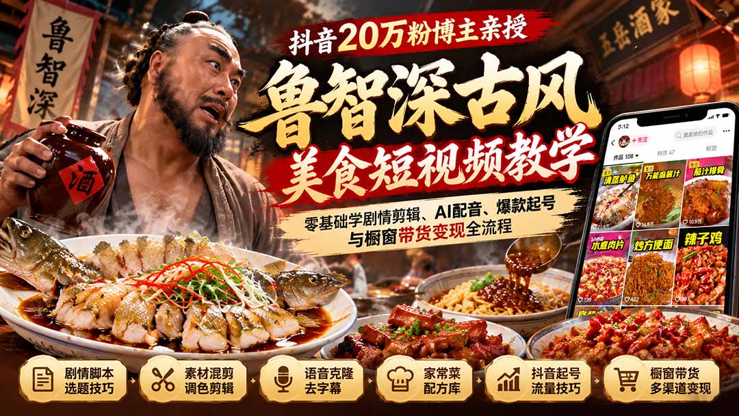 抖音20万粉博主亲授鲁智深古风美食玩法：零基础学剧情剪辑、AI配音、爆款起号与橱窗带货变现全流程-HEIXMI（中国站）