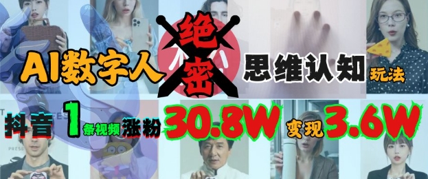 AI数字人绝密思维认知玩法，抖音1条视频涨粉30.8W，变现过W-HEIXMI（中国站）