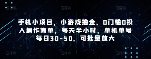 手机小项目，小游戏撸金，0门槛0投入操作简单，每天半小时，单机单号每日30-50，可批量放大-HEIXMI（中国站）