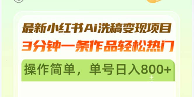 最新小红书Ai洗稿变现项目 3分钟一条作品轻松热门 操作简单，单号日入800+-HEIXMI（中国站）