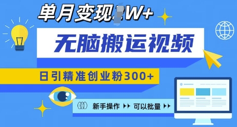 无脑搬运视频号可批量复制，新手即可操作，日引精准创业粉300+，月变现过W 【揭秘】-HEIXMI（中国站）