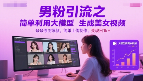 男粉引流之简单利用大模型生成美女视频，条条原创爆款，简单上传制作，变现日1k+ - HEIXMI（中国站）-HEIXMI（中国站）