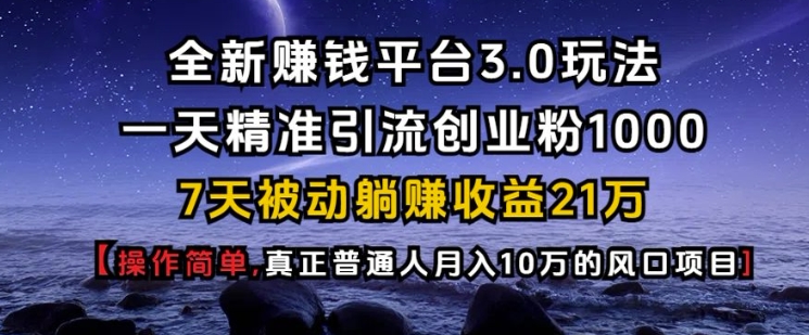全新赚钱平台3.0玩法一天精准引流创业粉1000.7天被动躺Z收益21W【仅揭秘】-HEIXMI（中国站）