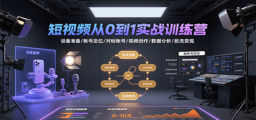 短视频从0到1实战训练营：设备准备/账号定位/对标账号/视频创作/数据分析/投流变现-HEIXMI（中国站）