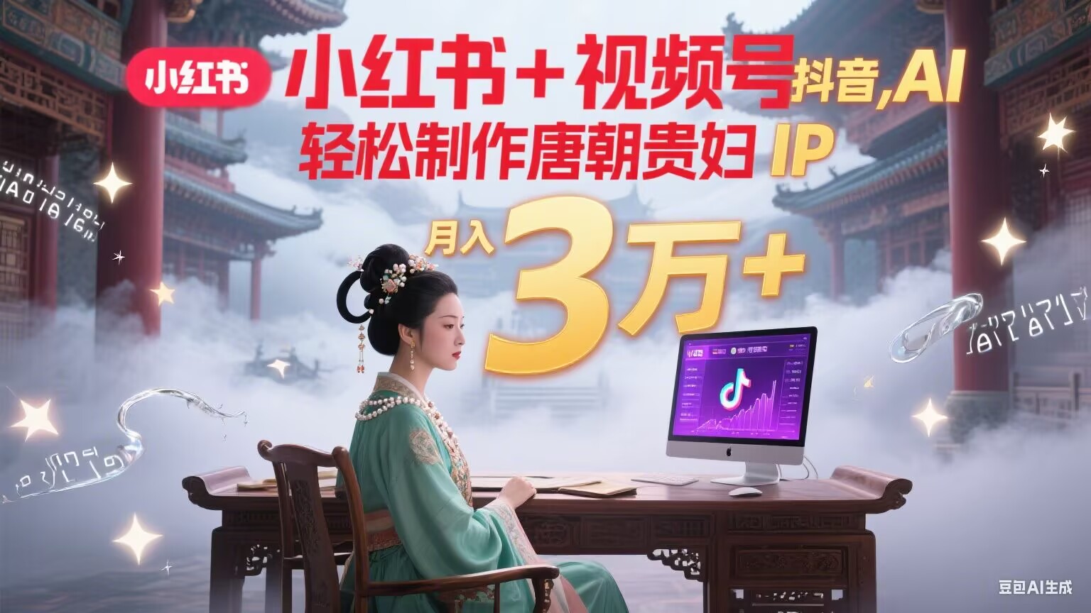 小红书+视频号+抖音，AI轻松制作唐朝贵妇IP，毒鸡汤、励志、减肥瘦身、养生赛道轻松切入，每天30分钟，轻松产出N条，月入3万+-HEIXMI（中国站）