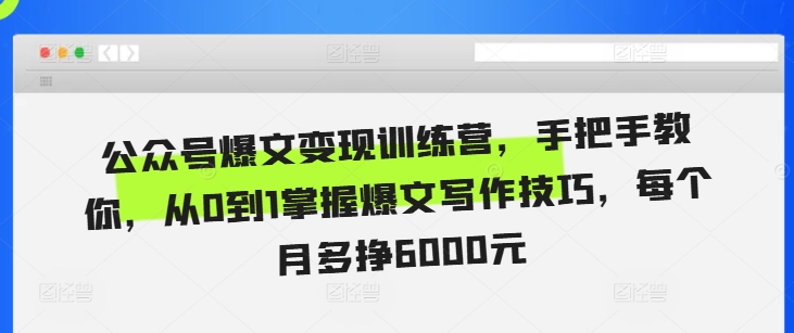 公众号爆文变现训练营，手把手教你，从0到1掌握爆文写作技巧，每个月多挣6000元-HEIXMI（中国站）